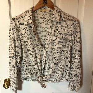 Eyeglass print button up with tie bottom